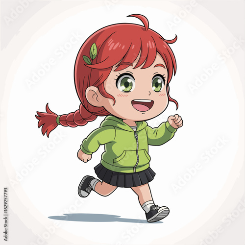 A cute girl wearing a green hoodie and skirt smiles while running, capturing the essence of youthful energy, joyfulness, and carefree moments during her playful adventures outdoors.