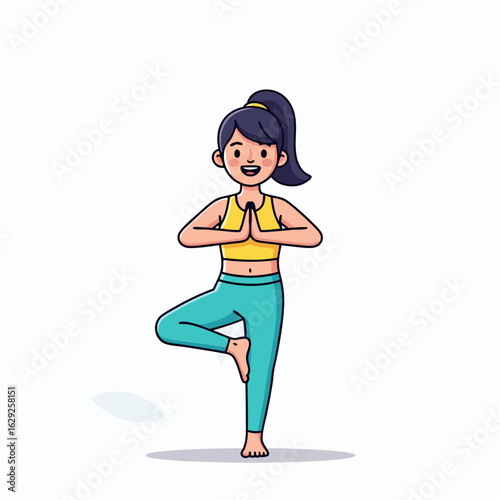Smiling cartoon woman with a ponytail in a yoga tree pose wearing a yellow top and turquoise leggings.