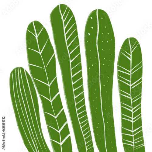 Flat style jagged green leaves, suitable for jungle art, tropical patterns, and eco-friendly designs.