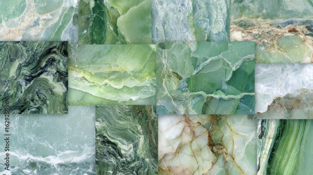 Obraz premium A collection of green marble pieces displays numerous shades and intricate patterns. The smooth surfaces highlight the unique veining and fluid designs found in natural stone.