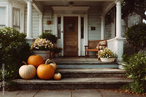 Vibrant pumpkins beautifully adorn the welcoming front porch of a charming house, perfectly set for the festive Halloween season.