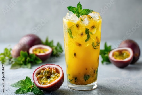 Refreshing Passion Fruit and Mint Iced Drink with Whole and Halved Fruits