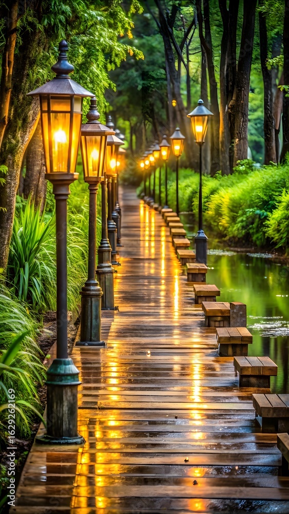 A scenic walkway lined with lamps in a lush green park A scenic walkway lined with lamps in a lush green park