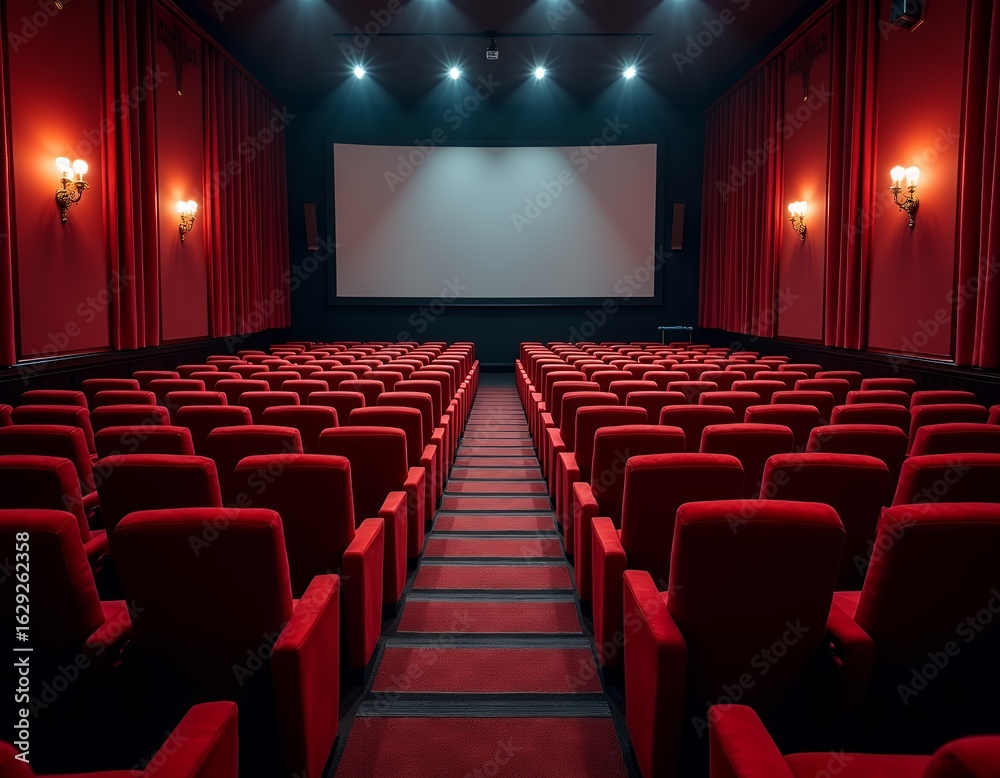 Fototapeta premium Empty cinema hall with plush red seats and large screen theater auditorium