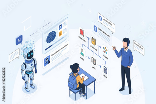 Futuristic education concept with an AI robot assistant, a teacher, and a student in a virtual learning environment