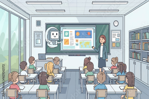Teacher with AI robot assistant using an interactive whiteboard to teach children in a modern classroom
