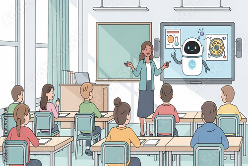 Teacher introducing robotics and artificial intelligence to young students in a modern classroom with an interactive display.