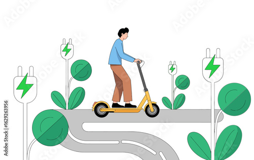 This image presents a person riding an electric scooter along a path surrounded by greenery, signifying the shift towards sustainable transportation in urban environments.