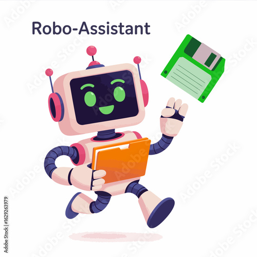 This image features a cheerful robotic assistant holding a floppy disk and a folder, representing the blend of technology and nostalgia in a friendly way.