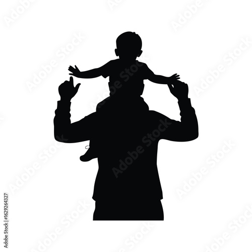 Silhouette of a father and son on his shoulders celebrating a precious moment