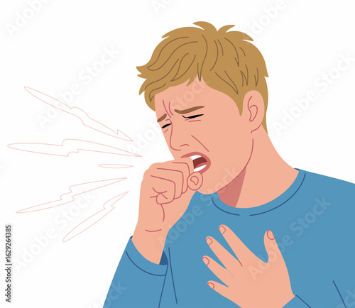 A young man is depicted coughing and holding his chest, suggesting a moment of discomfort or illness related to respiratory issues or anxiety, set against a plain background.