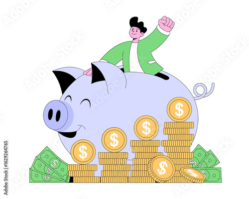 A whimsical illustration featuring a cheerful person riding on a piggy bank surrounded by stacks of money, symbolizing financial success and saving.