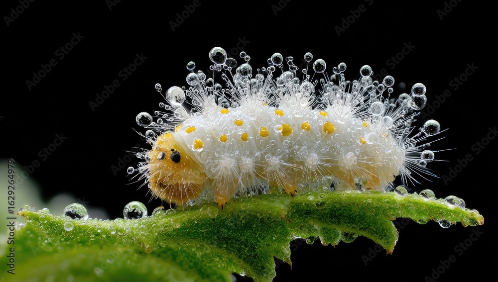 Naklejka premium Close-up of a white caterpillar, covered in dew drops, on a leaf
