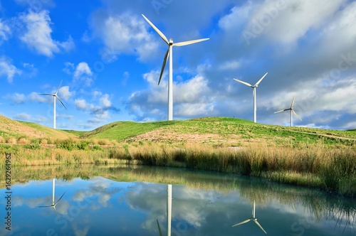 New Zealand Wind Farm Lake Reflection