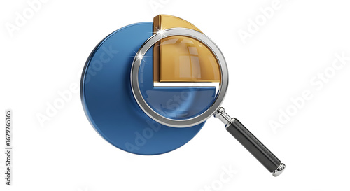 Tableau sur toile 3d illustration of pie chart segment being analyzed with a magnifying glass, iso