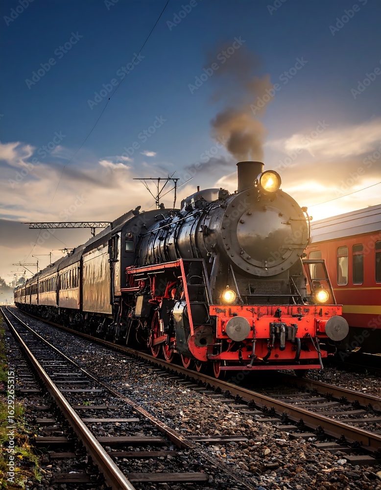 Naklejka premium Vintage steam train at sunrise