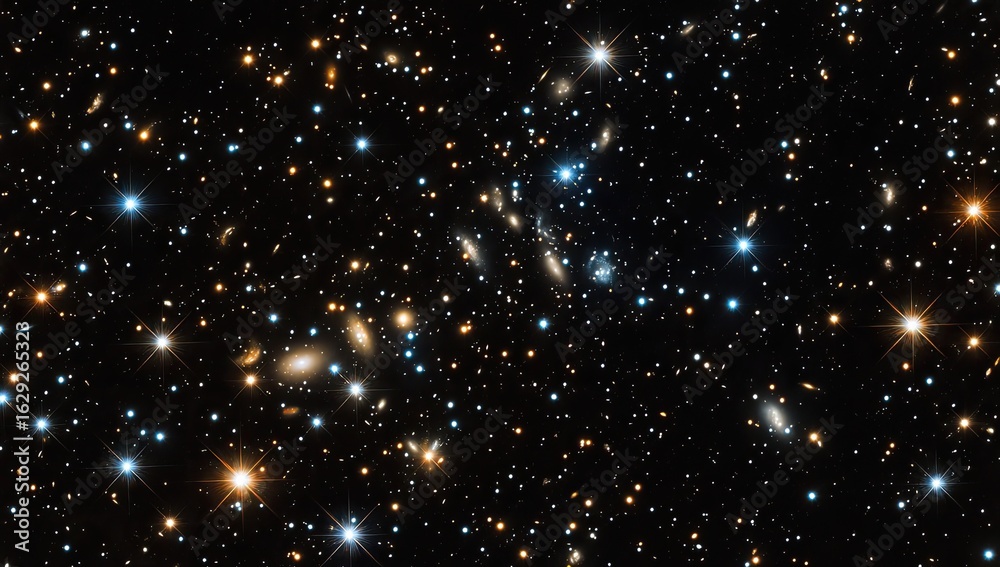 Fototapeta premium A deep-space image showcasing numerous galaxies of varying sizes, colors, and brightness against a backdrop of countless stars, exhibiting a diverse cosmic landscape