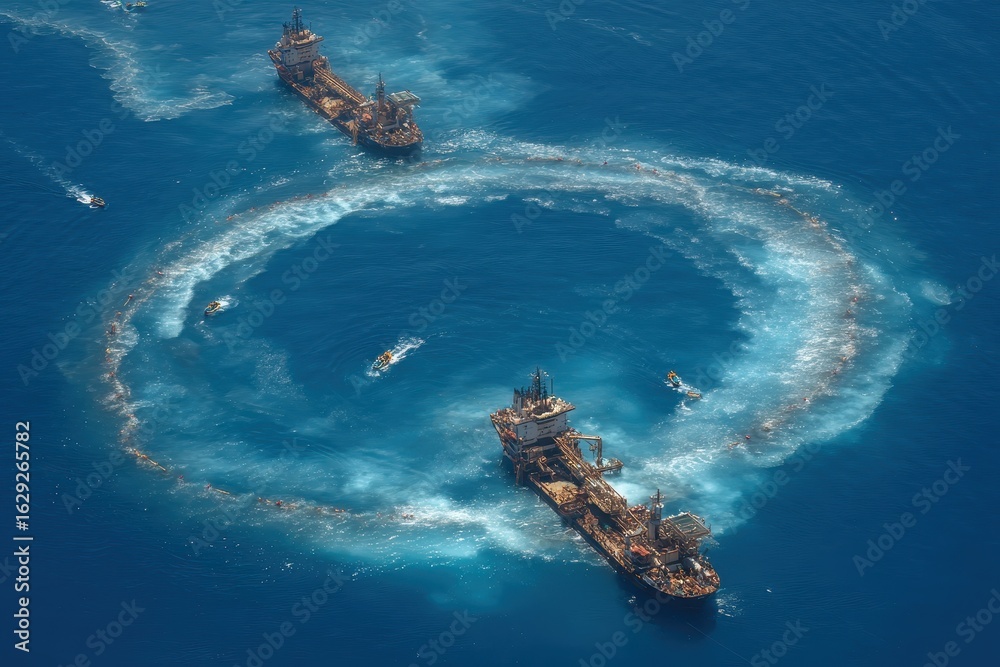 Obraz premium Aerial View of Oil Rigs in Circular Formation on Ocean Surface