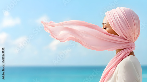 Fototapeta Naklejka Na Ścianę i Meble -  abstract concept of breast cancer, cancer free, October campaign and new beginning. A woman with a pink scarf flowing in the wind standing