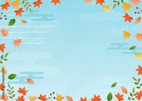 和柄 紅葉やイチョウ 秋の葉のベクターフレーム背景 水色 Japanese pattern autumn leaves and ginkgo autumn leaf vector frame background sky blue