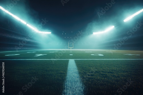 Empty football stadium at night, illuminated by bright teal stadium lights, with fog or haze adding atmosphere
