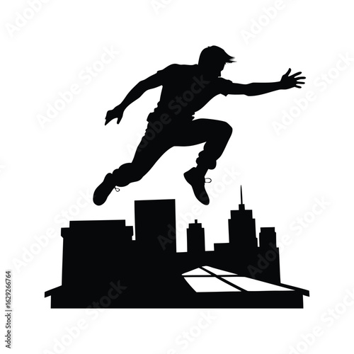 Silhouette of a parkour athlete leaping over the buildings of the city