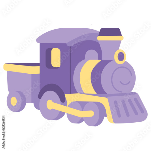Flat vector toy train in purple and yellow shades, perfect for preschool themes, transportation toys, and children's books.