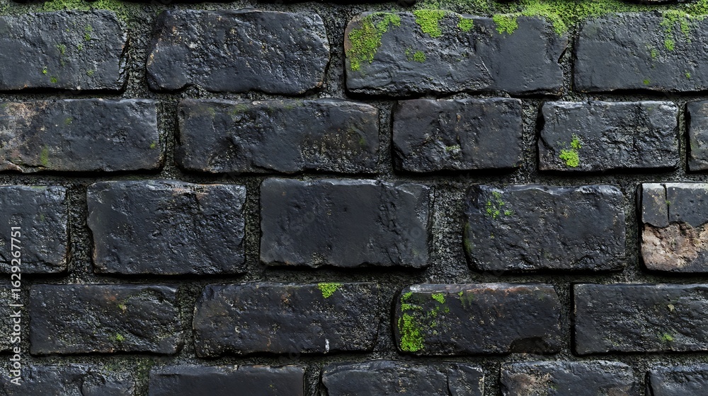 Obraz premium Old brick and stone wall with rough textured greenery surface 