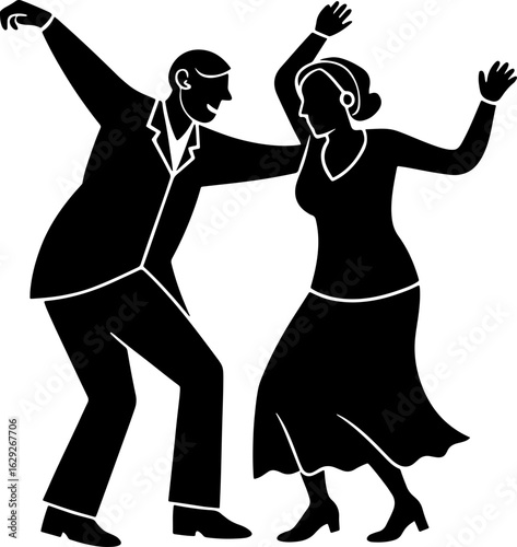 Silhouette illustration of swing dancers performing vintage dance moves together