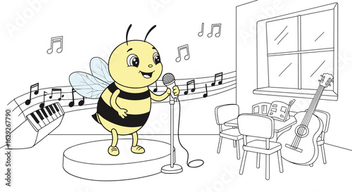 Bee cartoon character singing with joy on a stage in a music classroom