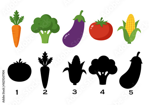 Vegetable shadow matching game for kids with colorful vegetable illustrations