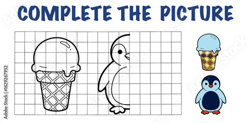 Cartoon ice cream and penguin drawing activity for children with grid and color illustration

