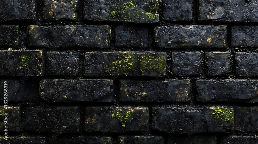 Naklejka premium Old brick and stone wall with rough textured greenery surface 