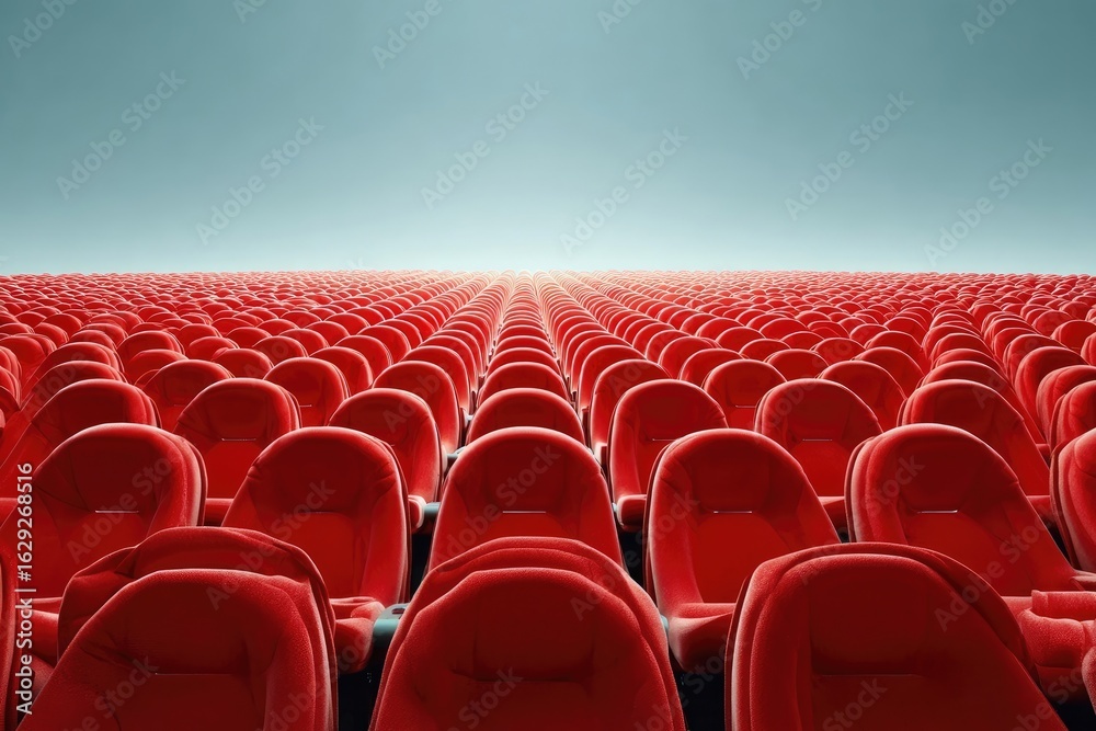 Fototapeta premium Red seats in rows, stretching to horizon