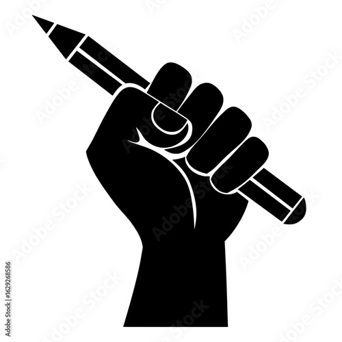 A powerful symbol of creativity and protest, a black and white graphic of a fist holding a pencil, representing art, writing, and freedom of expression.