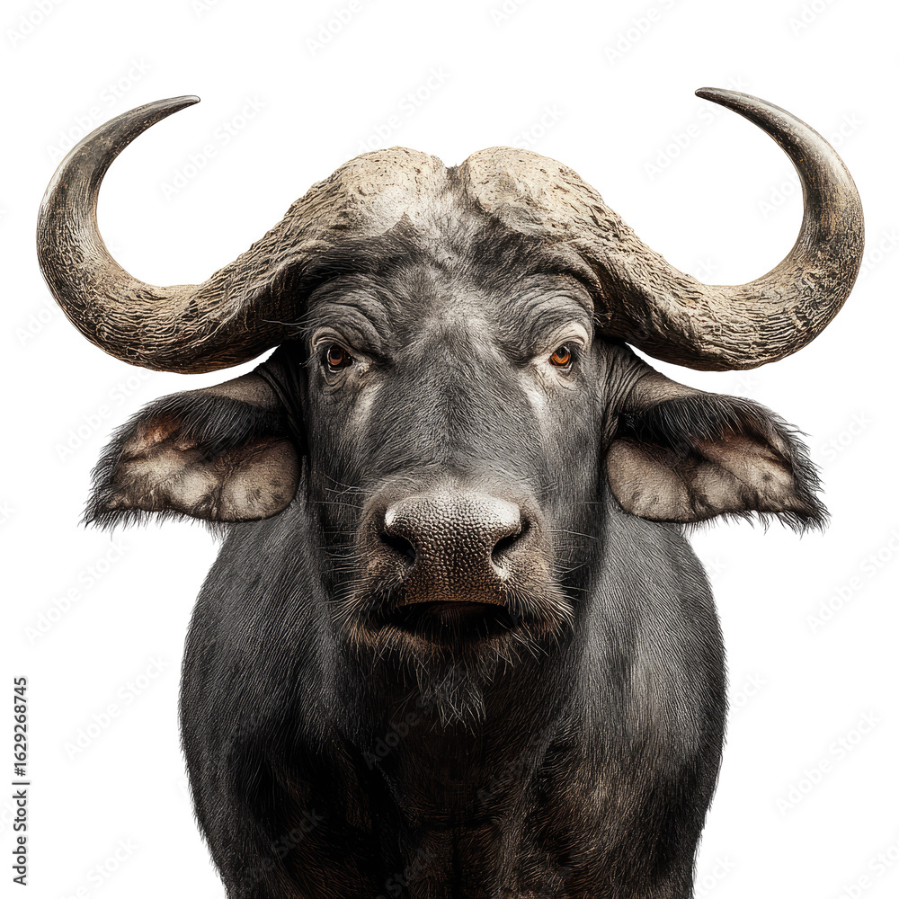Fototapeta premium Close-up of a buffalo's head, strong horns, intense gaze