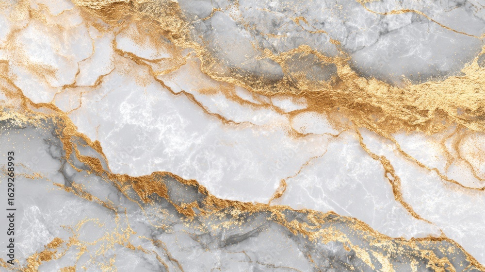 Naklejka premium A stunning marble surface features intricate golden veins weaving through soft gray tones, creating an elegant backdrop for interior design and artistic projects.