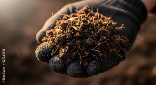 Close-up of a gloved hand holding rich dark soil with organic matter and tiny roots in an outdoor garden setting for agricultural gardening or environmental conservation themes