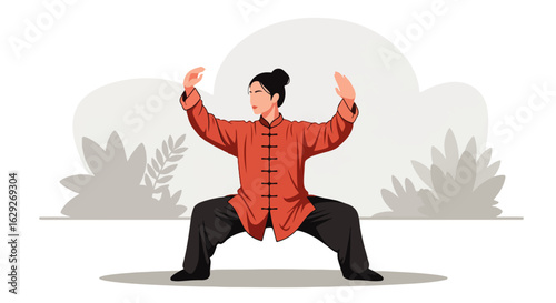 Woman in an orange tunic and black pants practicing a Tai Chi horse stance.