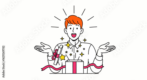 Joyful redhead man with an amazed expression opening a sparkling gift box