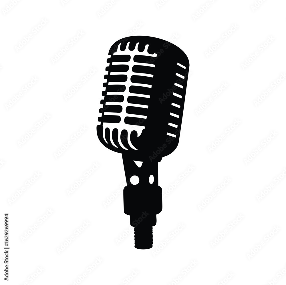Fototapeta premium Vintage Microphone Black Silhouette Isolated on White Background for Studio Recording