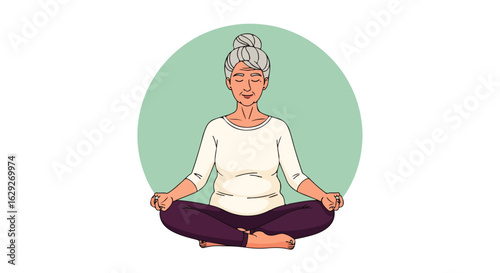 Serene elderly woman with grey hair in a bun meditating in a cross-legged yoga pose.