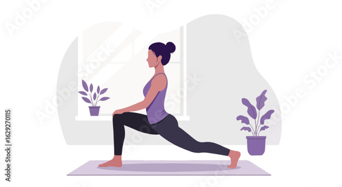 Side profile of a woman in a low lunge yoga pose, wearing a purple top and dark leggings on a mat.