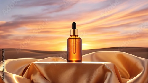 Amber Hair Serum Bottle on Podium Draped with Silk Cloth at Desert Sunset

