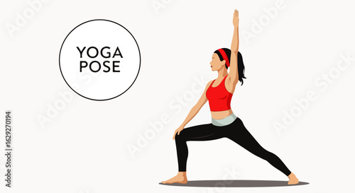 Vector illustration of a woman in red sportswear practicing a high lunge yoga pose with one arm raised.