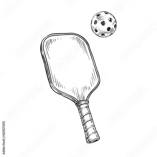 pickleball paddle and ball vector hand drawn illustration