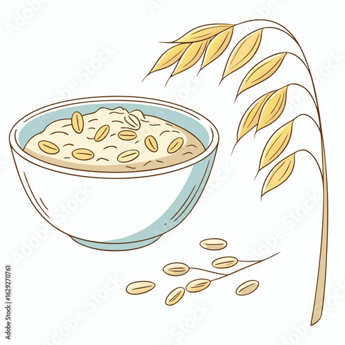 A delicious bowl of healthy oatmeal with a stalk of ripe oats and scattered grains silhouette