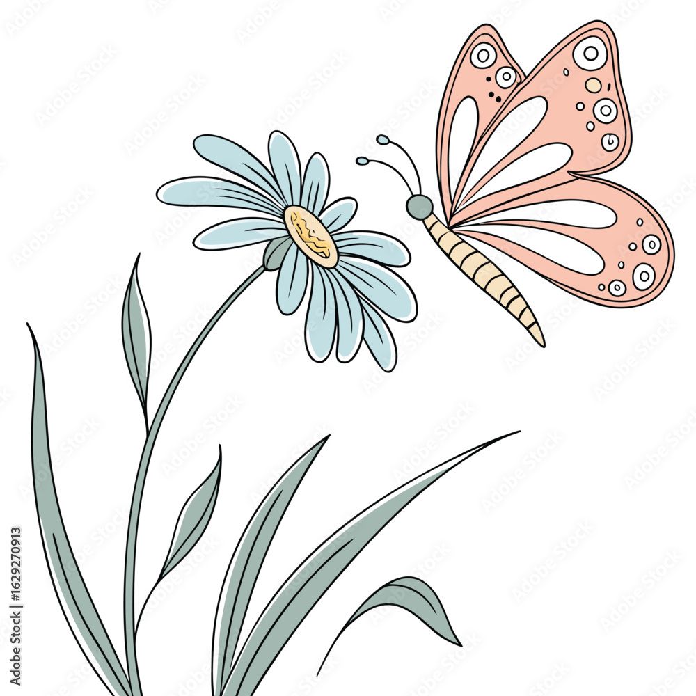 Obraz premium Delicate pink butterfly with intricate wing patterns gracefully approaching a light blue daisy flower with green leaves silhouette