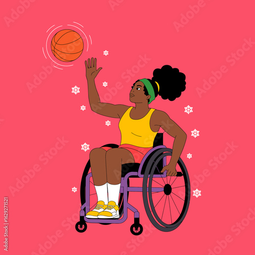 A young woman in a wheelchair demonstrates her skills by shooting a basketball, showcasing empowerment, athleticism, and inclusivity in sports, set against a vibrant background.