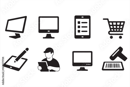 Flat Design Icons of Devices, Shopping, and Digital Technology